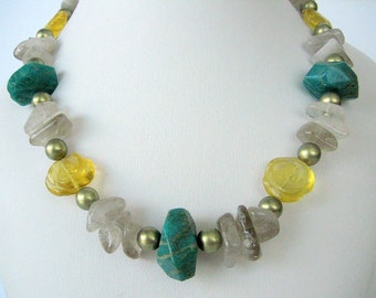 Necklace - Russian Amazonite - Yellow Fluorite Roses - Tourmalinated Quartz chips - Gold Pearls