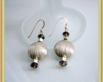 Earrings - Silver Coins - Smoky Quartz Rondells- Sterling silver - Gift for her