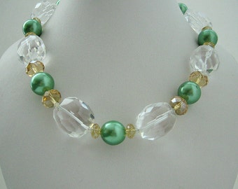 Necklace- Crystal Quartz gems– Apple green shell Pearls- Crystal Quartz rondels - Gift Idea