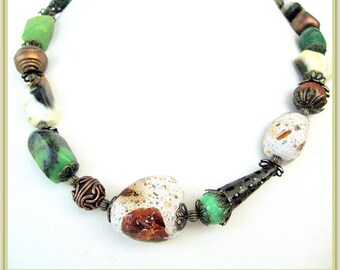 Necklace- Australian Jade- burnt Agate- Sandstone- rocks with Amber- Copper ornamental cups and beads- Gorgeous color and rich texture