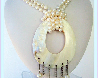 Necklace- Freshwater pearls- Shell Pendant- Sterling silver dangles- Potato pearls