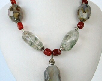 Necklace - Tourmalinated Quartz - Agate - Carnelian