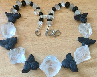 Necklace- Crystal Quartz beads - Black Onyx birds- Black Agate beads - Tourmalinated Quartz chips - Crystal Majesty