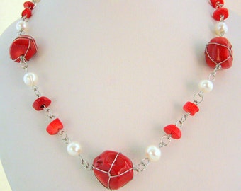 Necklace - wired red rock Corals - freshwater Pearls - Sterling silver rings - Long necklace