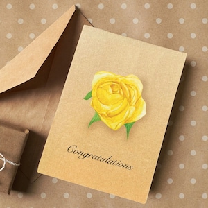 Carte de roses jaunes Carte personnalisable de félicitations Cartes de roses de mariage aquarelle colorées faites à la main et écologiques, cadeau personnalisé
