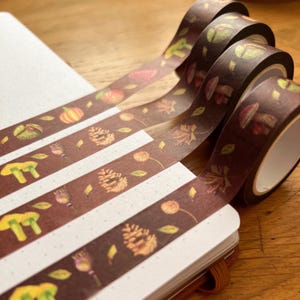 Mushroom Washi Tape | Cosy Autumn Journaling Craft Tape | Mushrooms Fruits & Pumpkins Scrapbooking Tape | Low Tac Tape