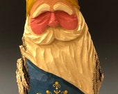 HAND carved original 8 quot tall Santa w ornate painted snowflake from 100 year old Cottonwood Bark.