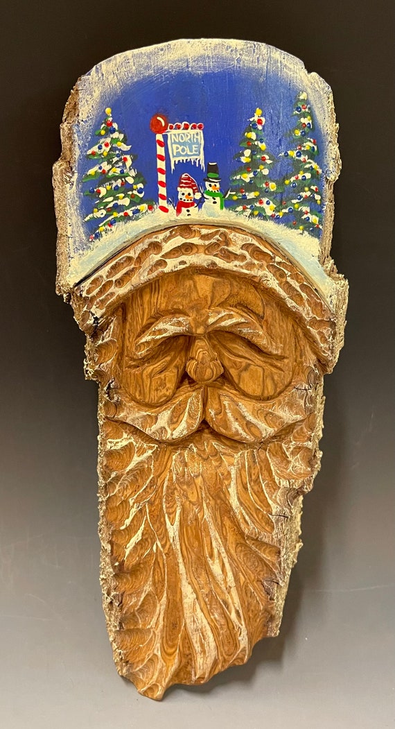 HAND CARVED original 11” unique Christmas Spirit  wall hanging from 100 year old Cottonwood Bark