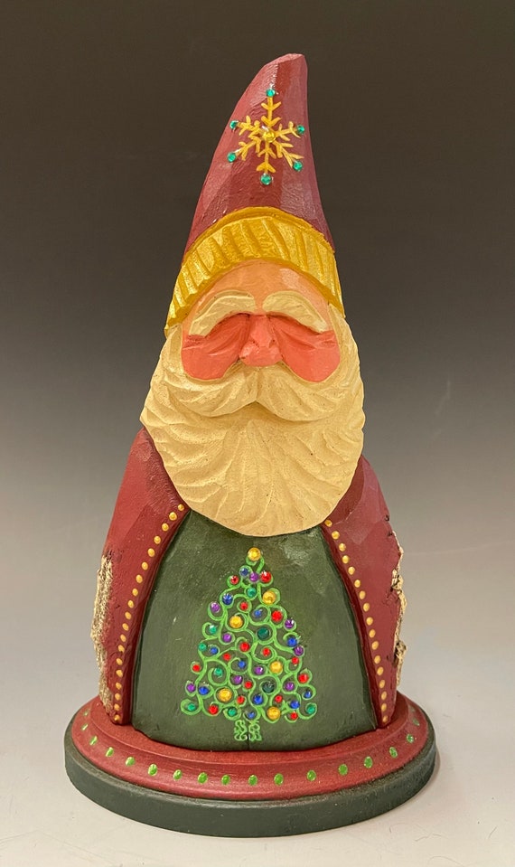 HAND carved original 9.5" tall Santa w/ jeweled & painted tree from 100 year old Cottonwood Bark.