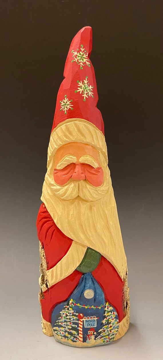 HAND carved original 12" tall Santa w/bag from 100 year old Cottonwood Bark.