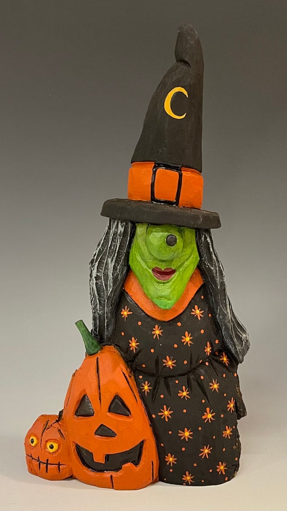 HAND CARVED original 10” tall Halloween Witch & Jol’s from 100 year old Cottonwood Bark