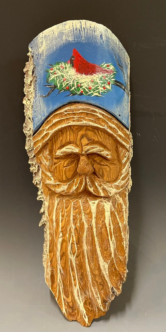 HAND CARVED original 10” unique Christmas Spirit  wall hanging from 100 year old Cottonwood Bark