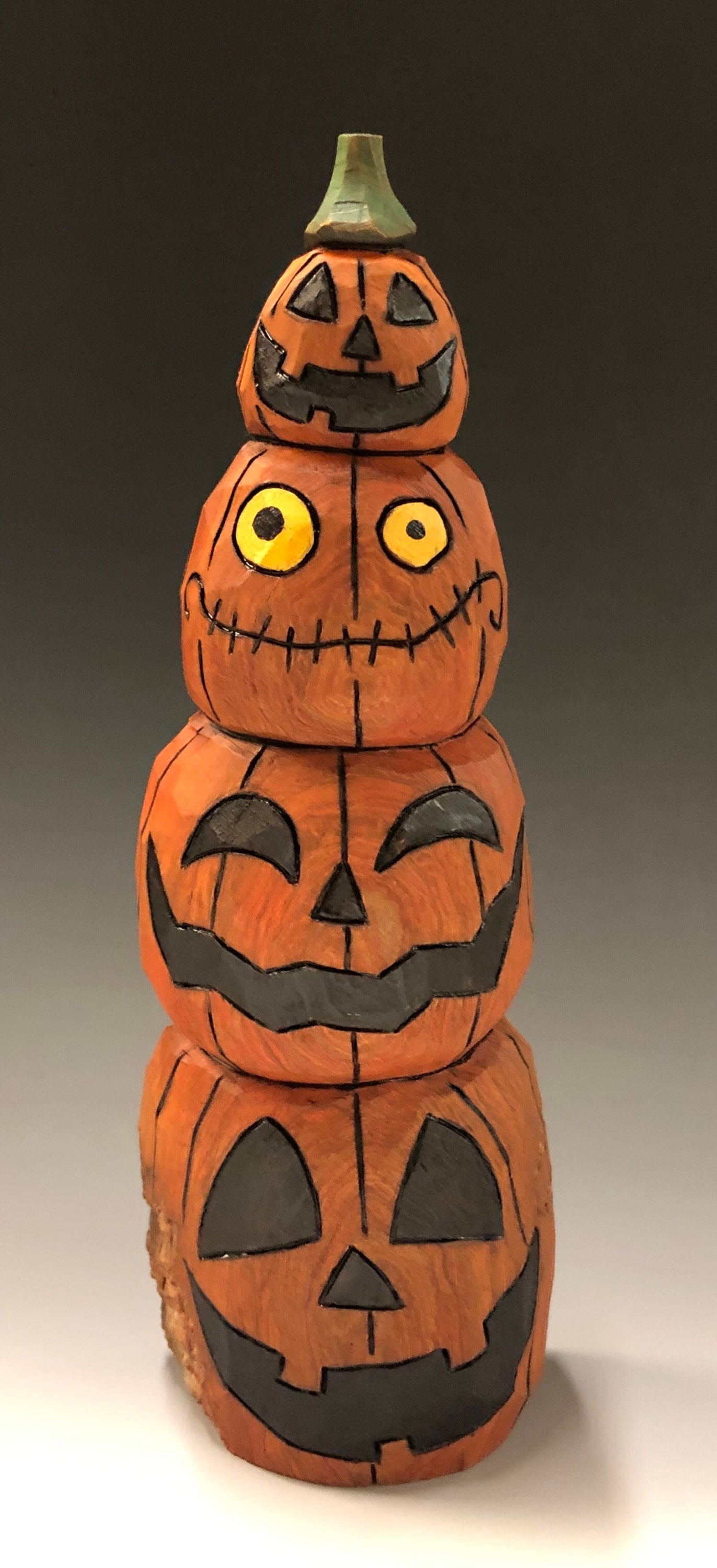 Tall Jack O Lantern
 HAND CARVED original 9 5” tall Jack O Lantern stack from 100 year old
