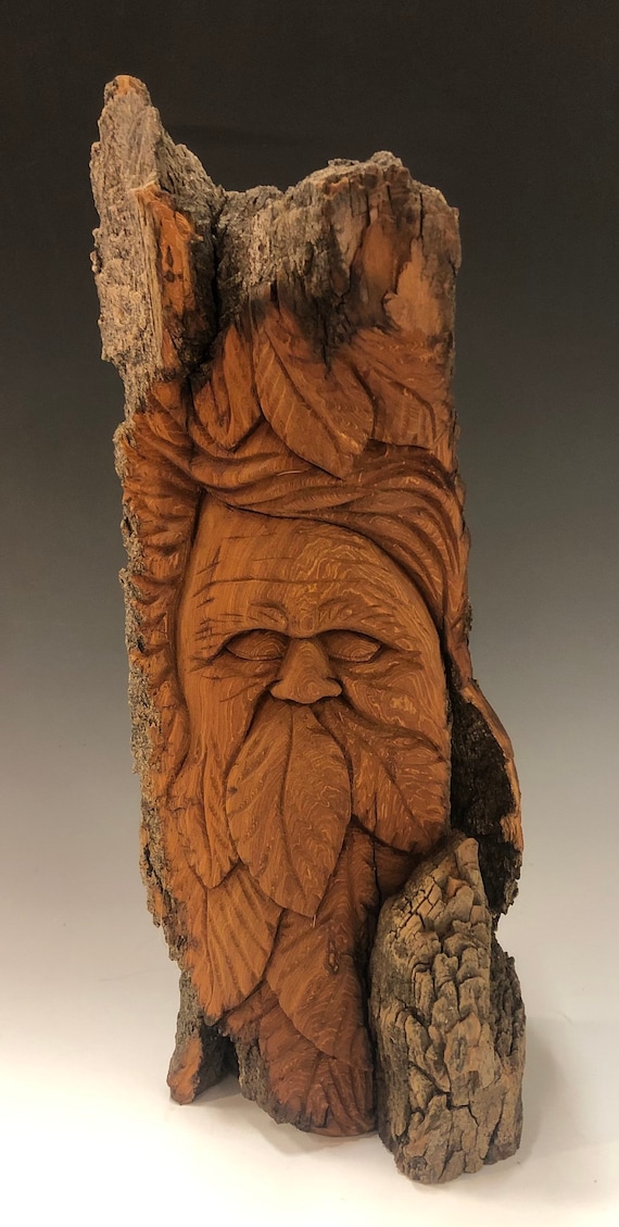 HAND CARVED original 13.5” tall standing Wood Spirit  from 100 year old Cottonwood Bark