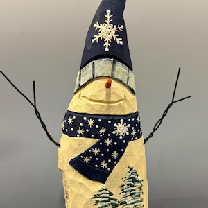 HAND carved original 9&quot; tall Snowman with painted trees from 100 year old Cottonwood Bark.