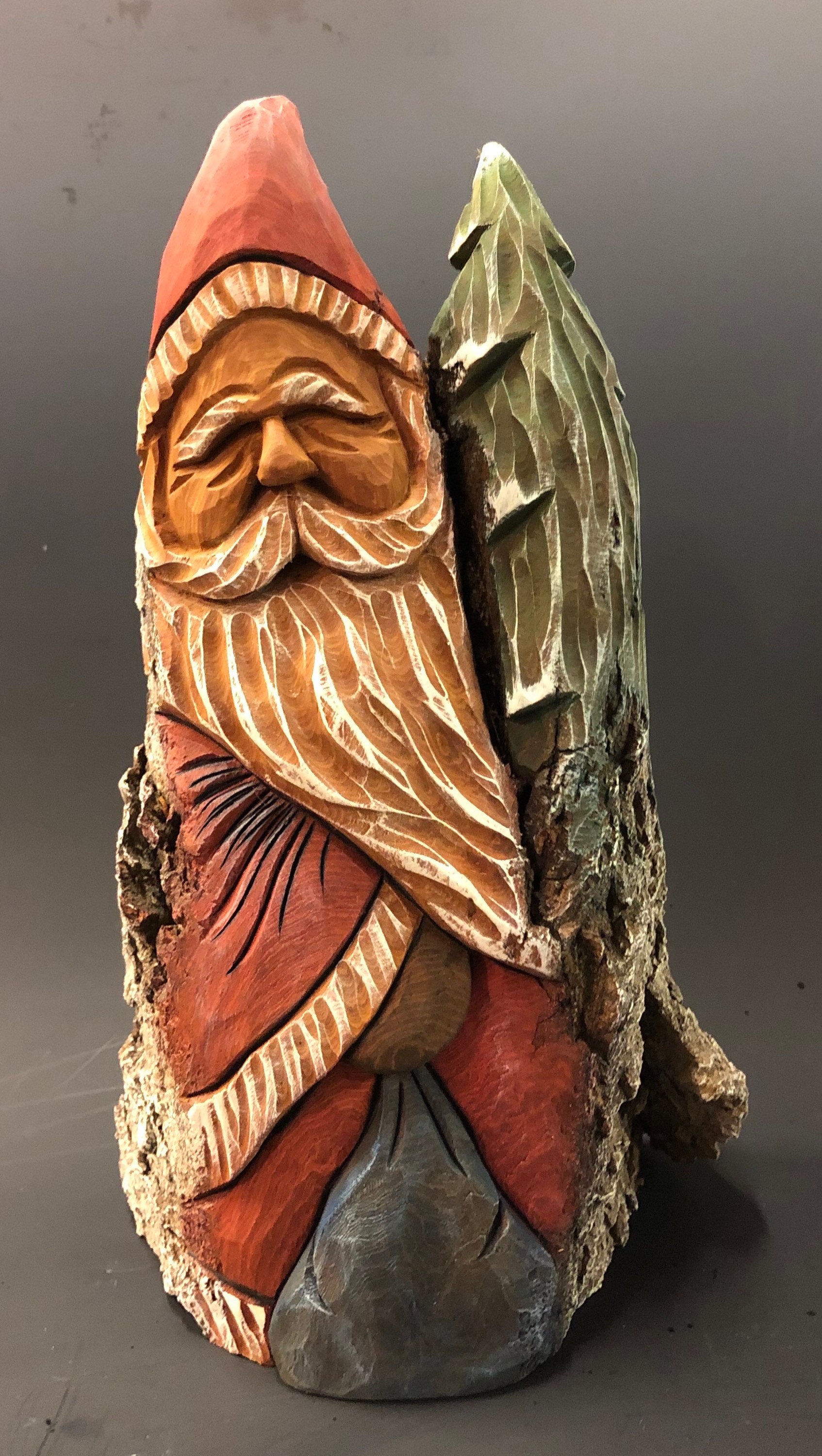 HAND carved original 10” tall rustic Santa and tree from 100 year old