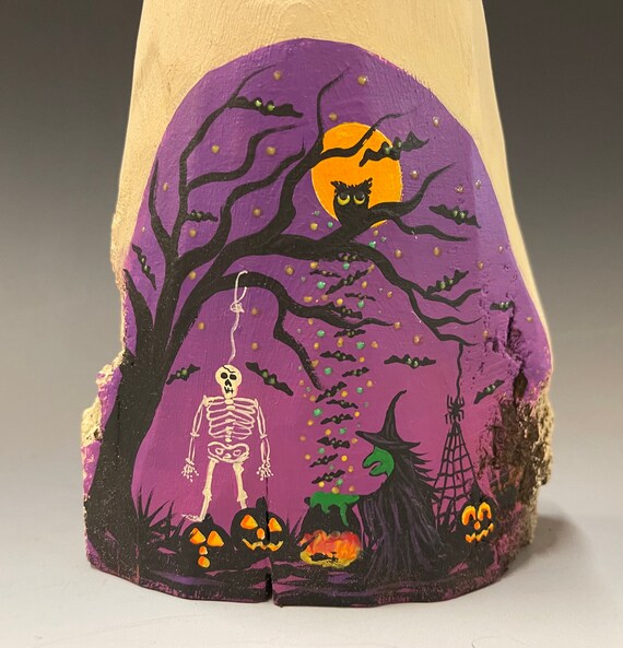 HAND CARVED original 8.5” Halloween ghost with painted scene from 100 year old Cottonwood Bark