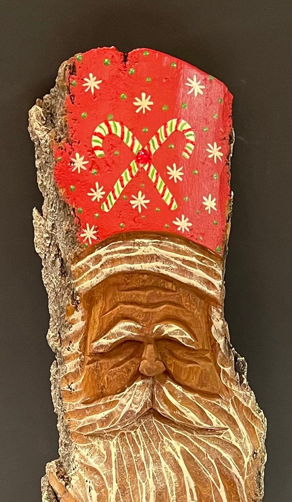 HAND CARVED original 17” by 4” Christmas Spirit  wall hanging w/ candy canes from 100 year old Cottonwood Bark