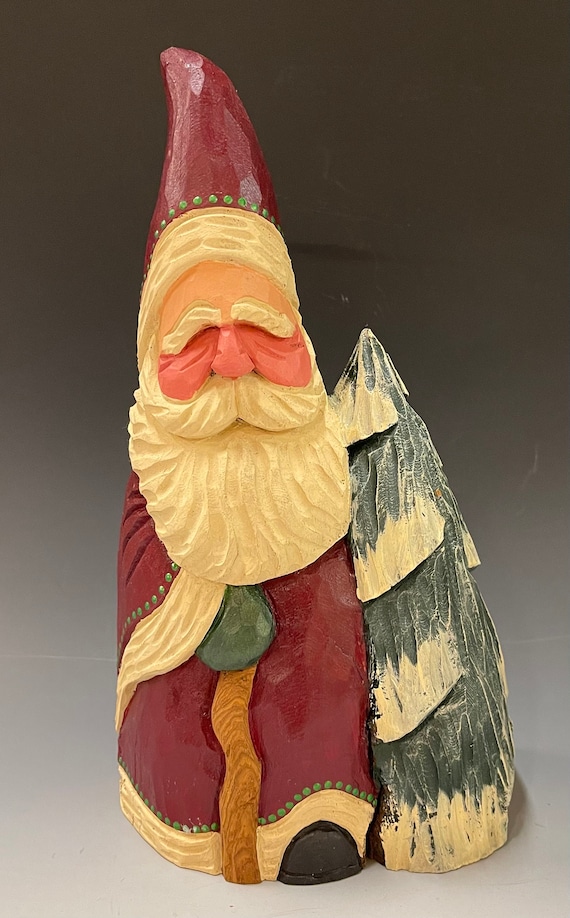 HAND carved original LARGE 10" tall Santa w/ tree & cane from 100 year old Cottonwood Bark.