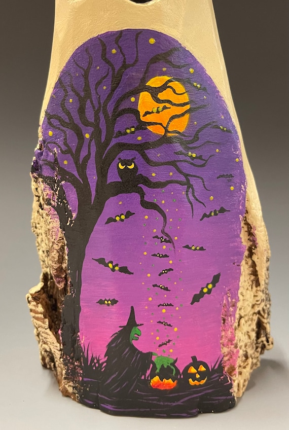 HAND CARVED original 11” Halloween ghost with painted scene from 100 year old Cottonwood Bark
