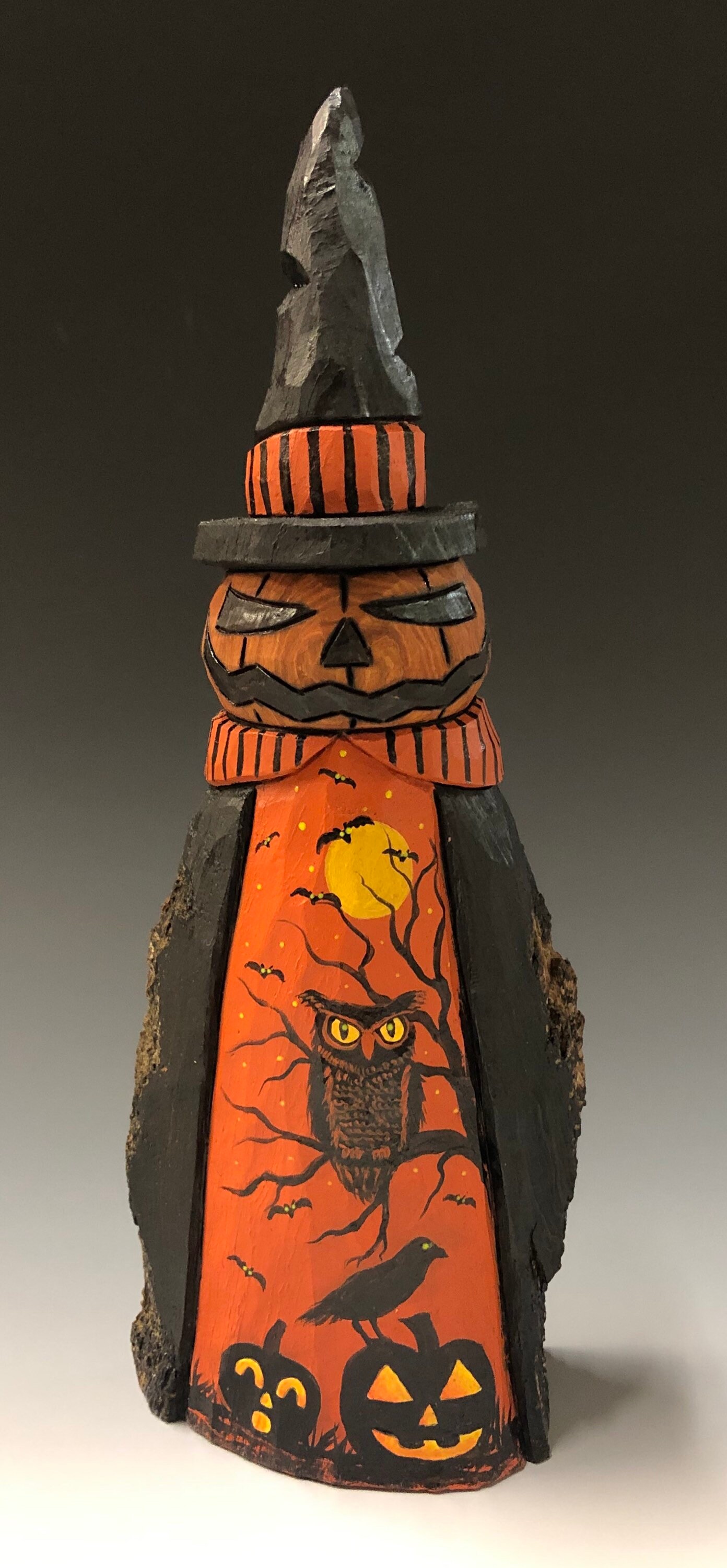 HAND CARVED original 9.5" tall Witch hat Jack-O-Lantern ...