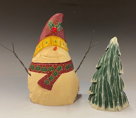 HAND carved original Snowman & tree set from 100 year old Cottonwood Bark.