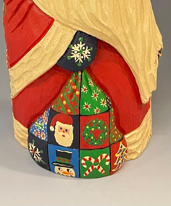HAND carved original 12" tall Santa & bag with crazy painted detail from 100 year old Cottonwood Bark.
