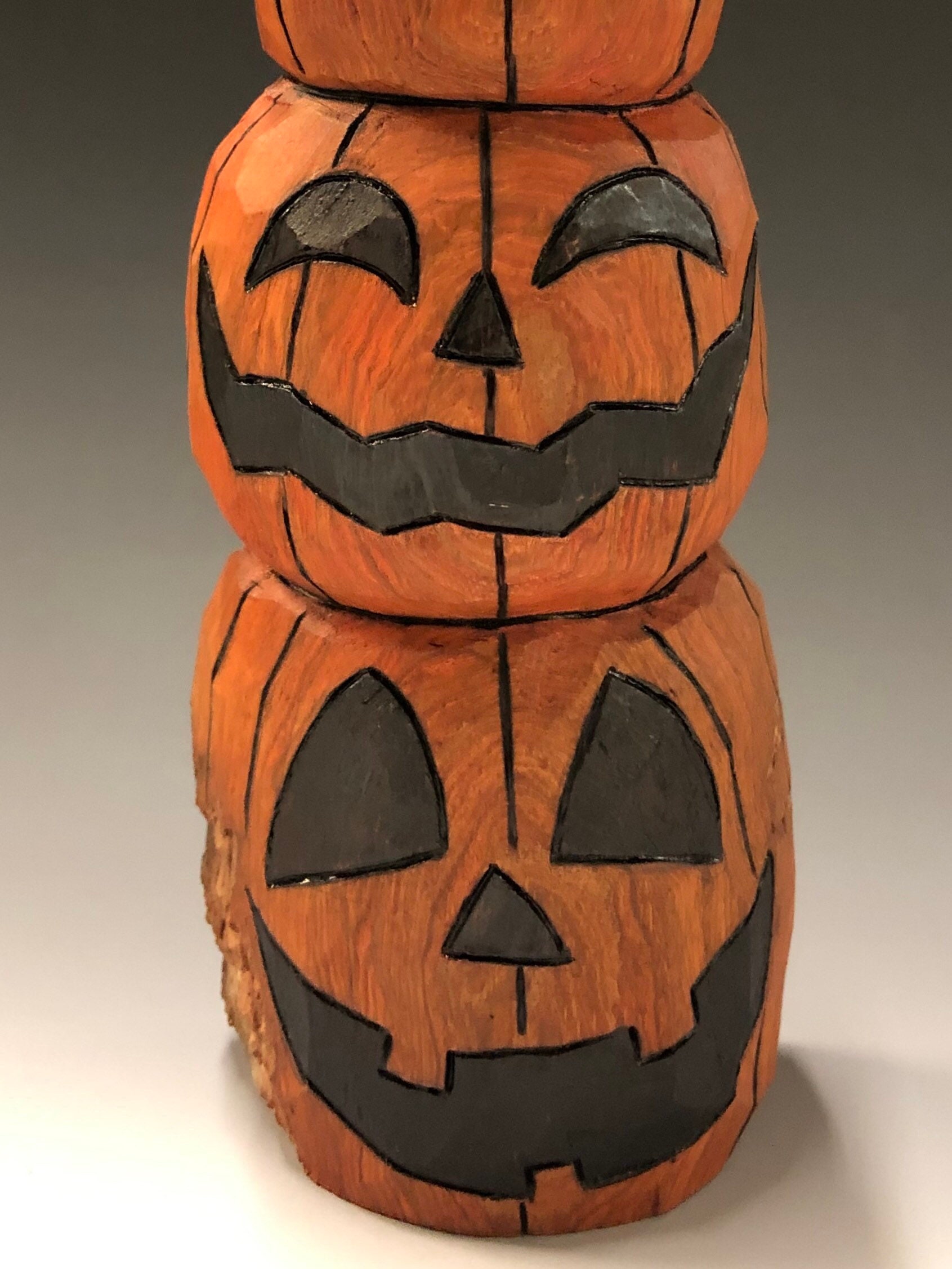 HAND CARVED original 9.5” tall JackOLantern stack from 100 year old