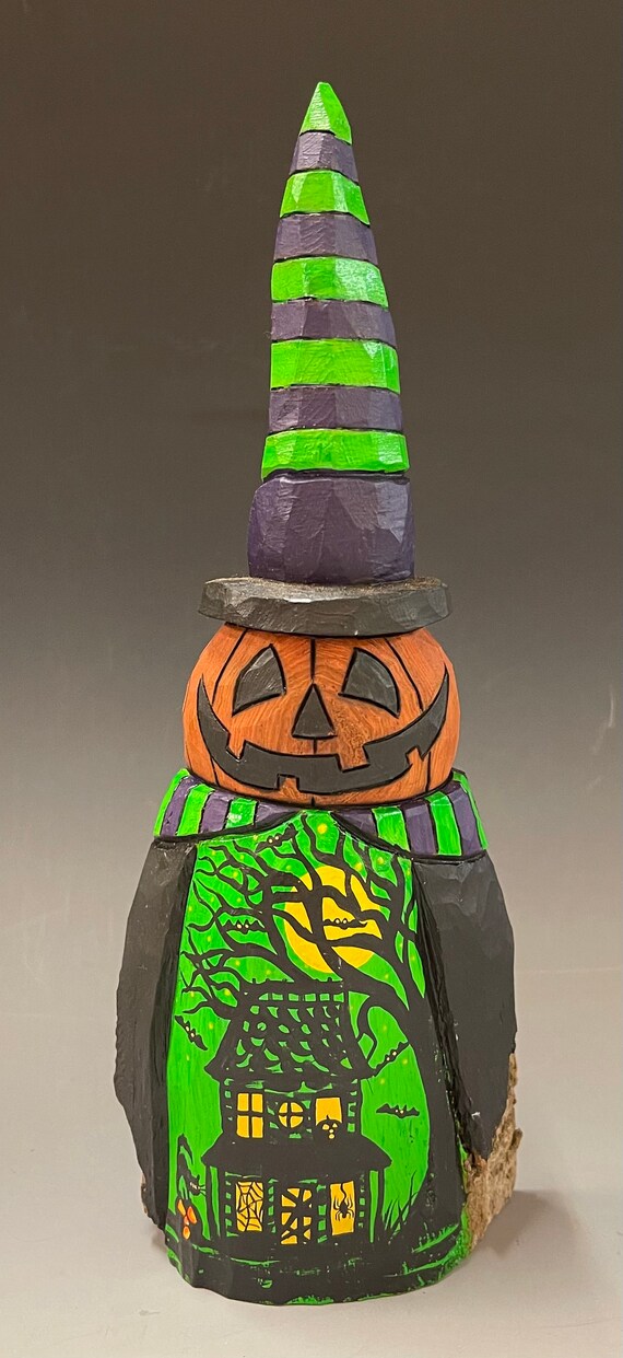HAND CARVED original 10” tall Halloween Jack-O-Lantern man in a Witch hat from 100 year old Cottonwood Bark