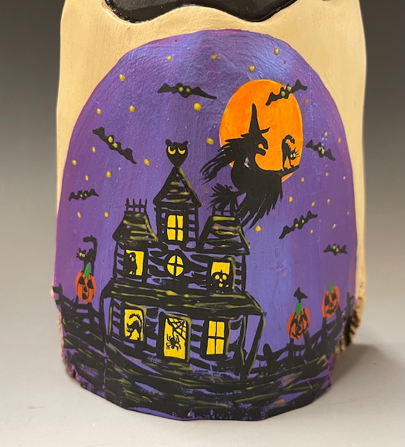 HAND CARVED original 7.5” Halloween ghost with painted scene from 100 year old Cottonwood Bark