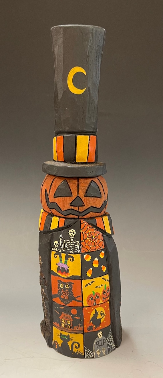 HAND CARVED original 10” tall fancy Halloween Jack-O-Lantern man w/ top hat from 100 year old Cottonwood Bark