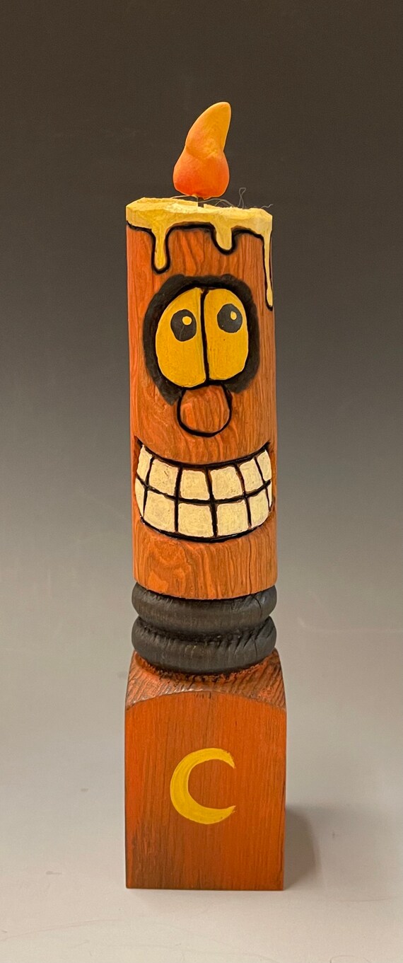HAND CARVED original 8.5” tall Halloween spooky candle from 100 year old Cottonwood Bark