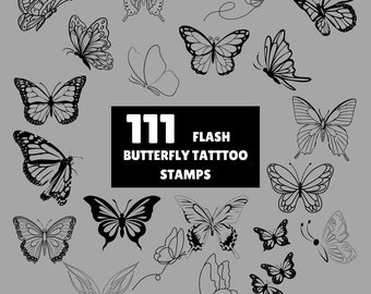 May include: A set of 111 black and white butterfly tattoo stamps. The stamps are arranged in a circle around the text "111 FLASH BUTTERFLY TATTOO STAMPS".