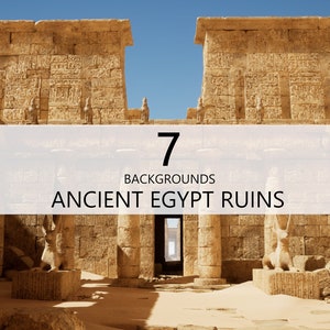 May include: A photo of 7 backgrounds featuring ancient Egypt ruins. The image shows a large stone structure with pillars and hieroglyphics. The ruins are in a desert setting with sand and blue sky.