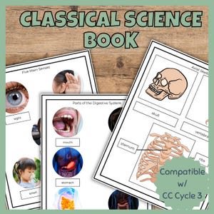 May include: A printable book for Classical Conversations Cycle 3 science. The book includes illustrations of the human body, including the five senses, the digestive system, and the axial skeleton.