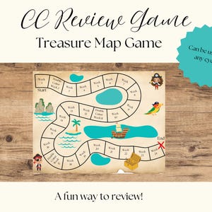 May include: A pirate-themed board game with a treasure map design. The game board features a winding path with spaces labeled "Week" and "Double Course Week." The text "CC Review Game" and "Treasure Map Game" are at the top. The text "A fun way to review!" is at the bottom.