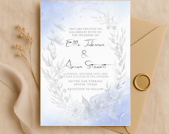 Dusty Blue Floral Wedding Invitation • Digital Template • Canva Invitation for Instant Download