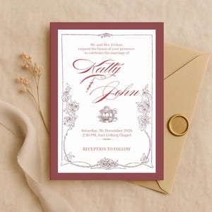 Classic Burgundy Wedding Invitation Template - Vintage Floral Frame Invite - Elegant Editable Canva Template