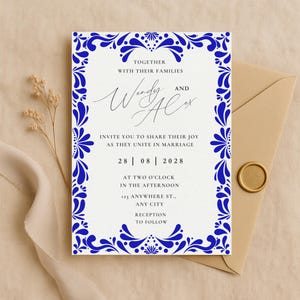 Blue Talavera Wedding Invitation Template • Editable Mexican Tile Invite • Floral Papel Design • Instant Download