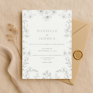 Elegant Black and White Floral Wedding Invitation Template - Minimalist Botanical Invite -Editable Template