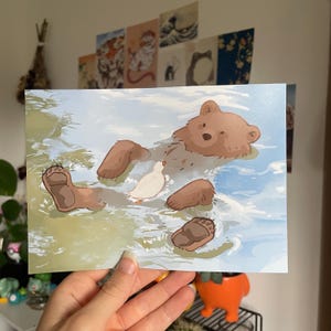 impressão de arte de urso e pato l lago nadando fofo