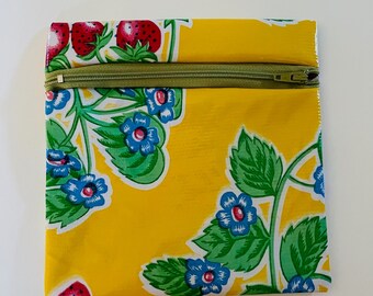 Mexican oil cloth yellow strawberry floral wet bag pouch