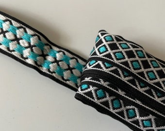 Light blue black and white diamond woven ribbon