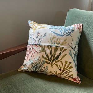 Colourful coral blue green red yellow olive cushion image 3