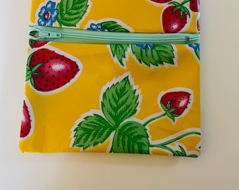 Mexican oil cloth yellow strawberry floral wet bag pouch