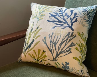 Colourful coral blue green olive cushion