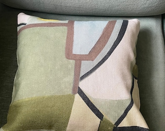 Abstract shapes blue green olive cream brown cushion