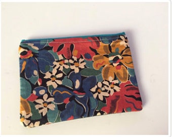 Red blue green yellow floral Liberty print denim clutch