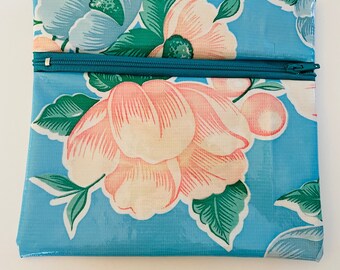 SALE Mexican oil cloth blue peach floral wet bag pouch