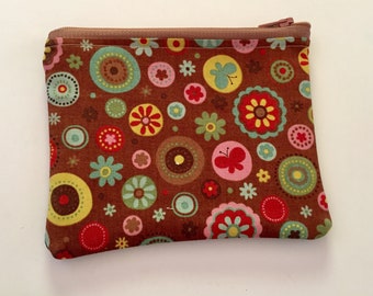 Brown red pink green yellow butterfly flower print denim back lined coin purse